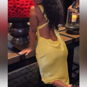 Deep v neck satin/silk backless midi dress- yellow